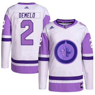 Authentic Adidas Men's Dylan DeMelo Winnipeg Jets Hockey Fights Cancer Primegreen Jersey - White/Purple