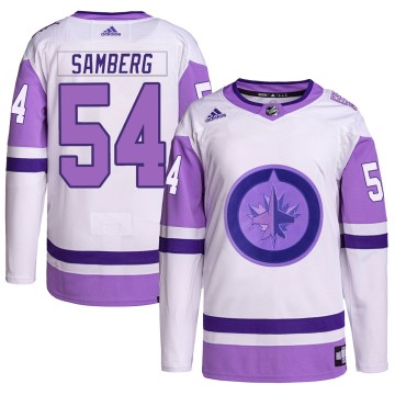 Authentic Adidas Men's Dylan Samberg Winnipeg Jets Hockey Fights Cancer Primegreen Jersey - White/Purple