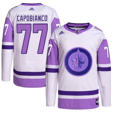 Authentic Adidas Men's Kyle Capobianco Winnipeg Jets Hockey Fights Cancer Primegreen Jersey - White/Purple
