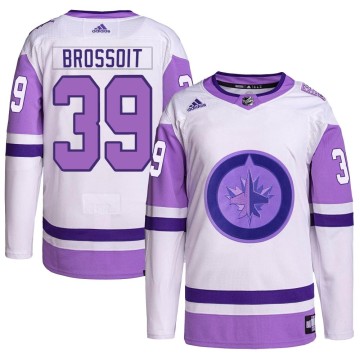 Authentic Adidas Men's Laurent Brossoit Winnipeg Jets Hockey Fights Cancer Primegreen Jersey - White/Purple