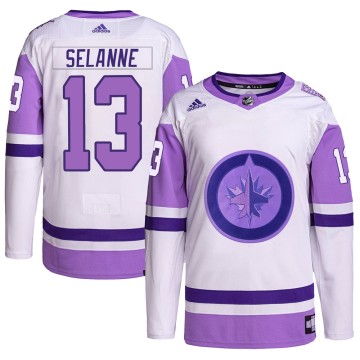 Authentic Adidas Men's Teemu Selanne Winnipeg Jets Hockey Fights Cancer Primegreen Jersey - White/Purple
