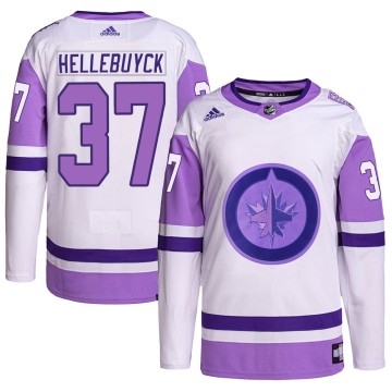 Authentic Adidas Youth Connor Hellebuyck Winnipeg Jets Hockey Fights Cancer Primegreen Jersey - White/Purple