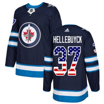 Authentic Adidas Youth Connor Hellebuyck Winnipeg Jets USA Flag Fashion Jersey - Navy Blue