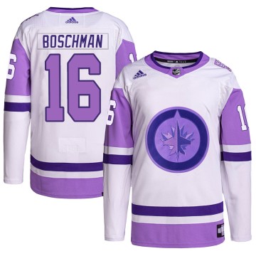 Authentic Adidas Youth Laurie Boschman Winnipeg Jets Hockey Fights Cancer Primegreen Jersey - White/Purple